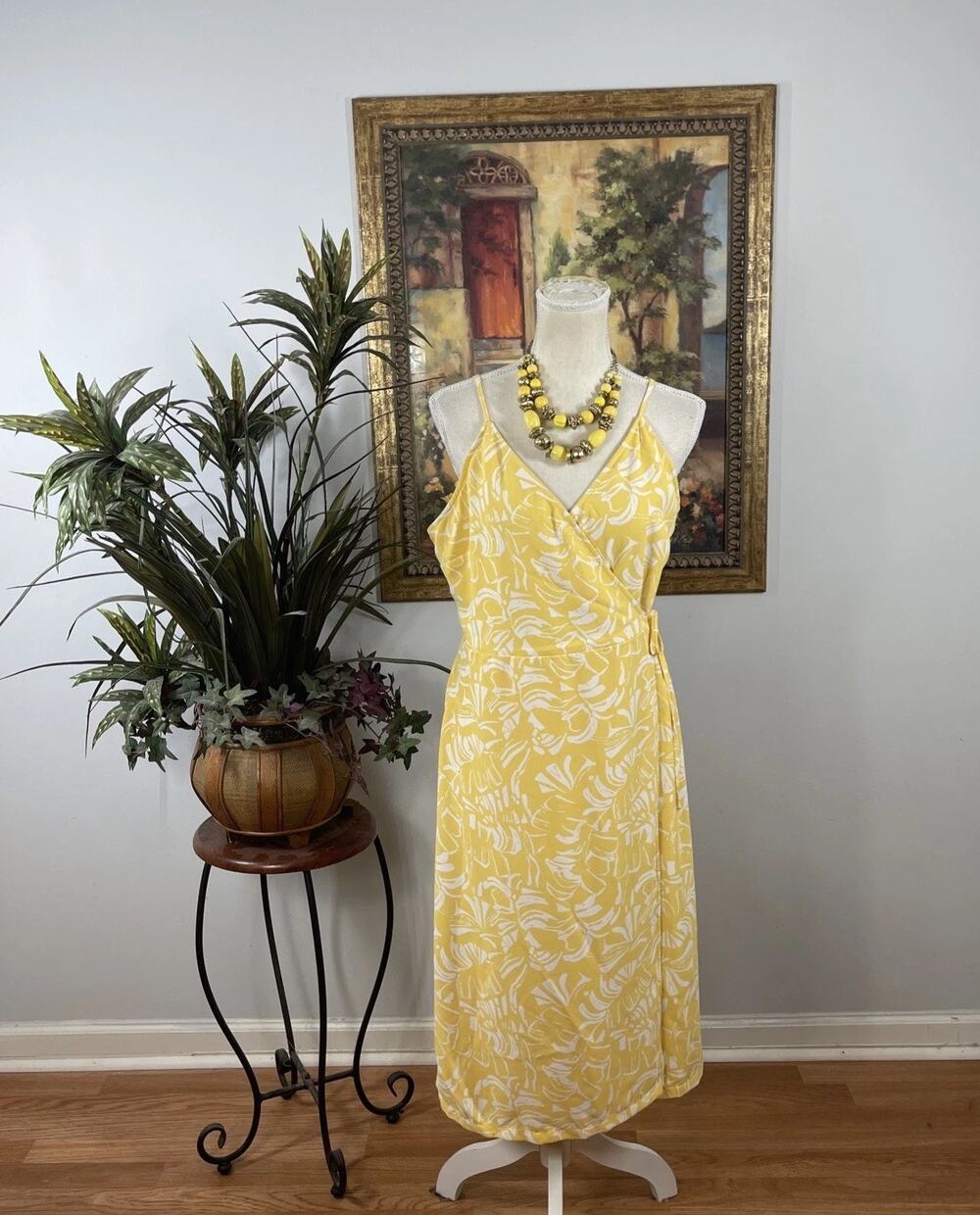 Nine West Yellow White‎ Floral Wrap Midi Dress Women’s Large Sleeveless Summer
